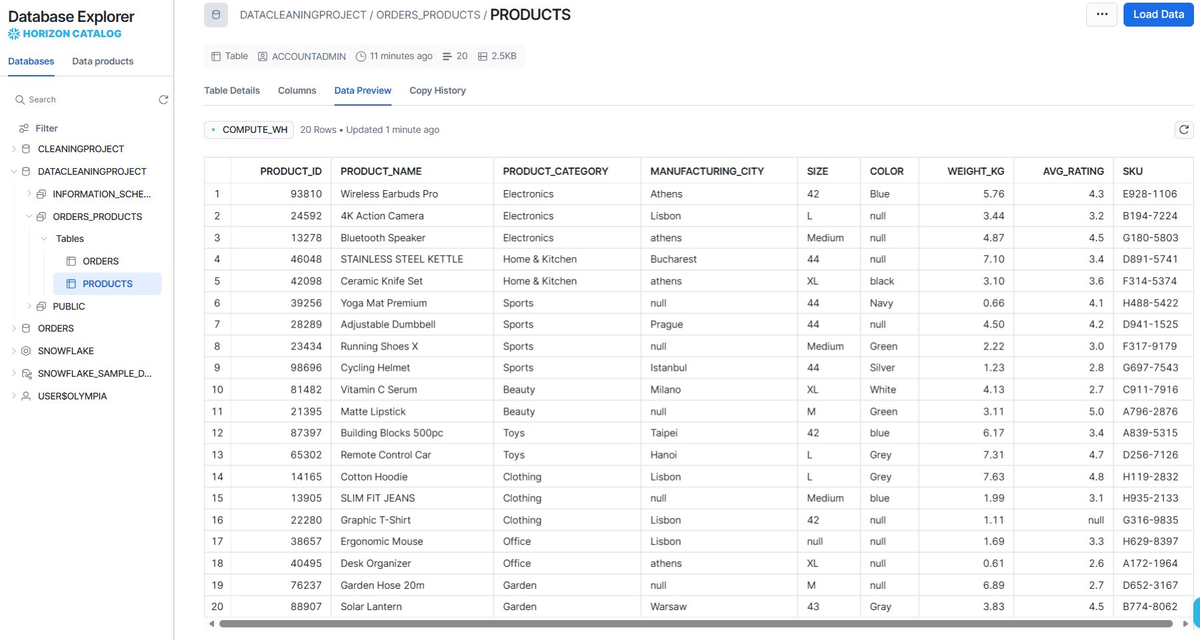 Raw PRODUCTS table with inconsistent casing and null colours