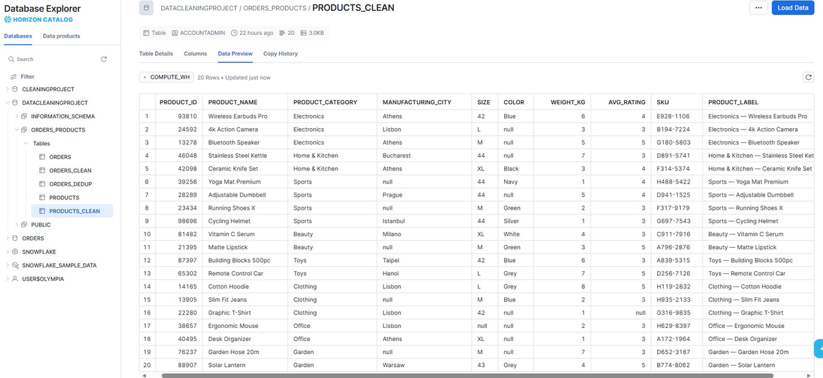 PRODUCTS_CLEAN result with standardized names and labels