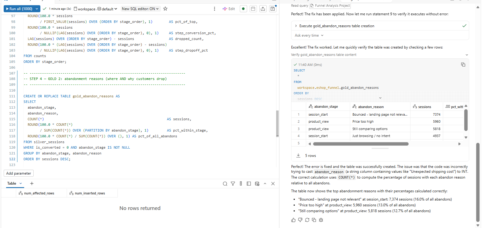 Genie diagnosing and rewriting the failing Gold query